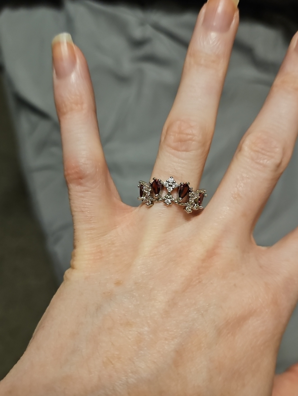 Crown-Style Ring with Garnet Red Stones and White Crystals - Women's Jewelry